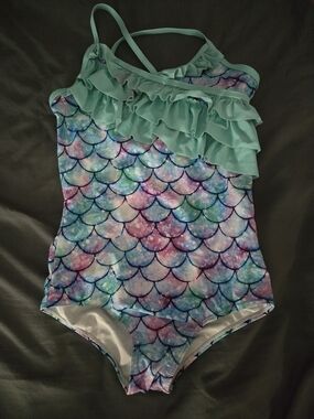 Kids Mermaid Scale One-Piece Swimsuit in Aqua Ruffle - Size 8 #0003